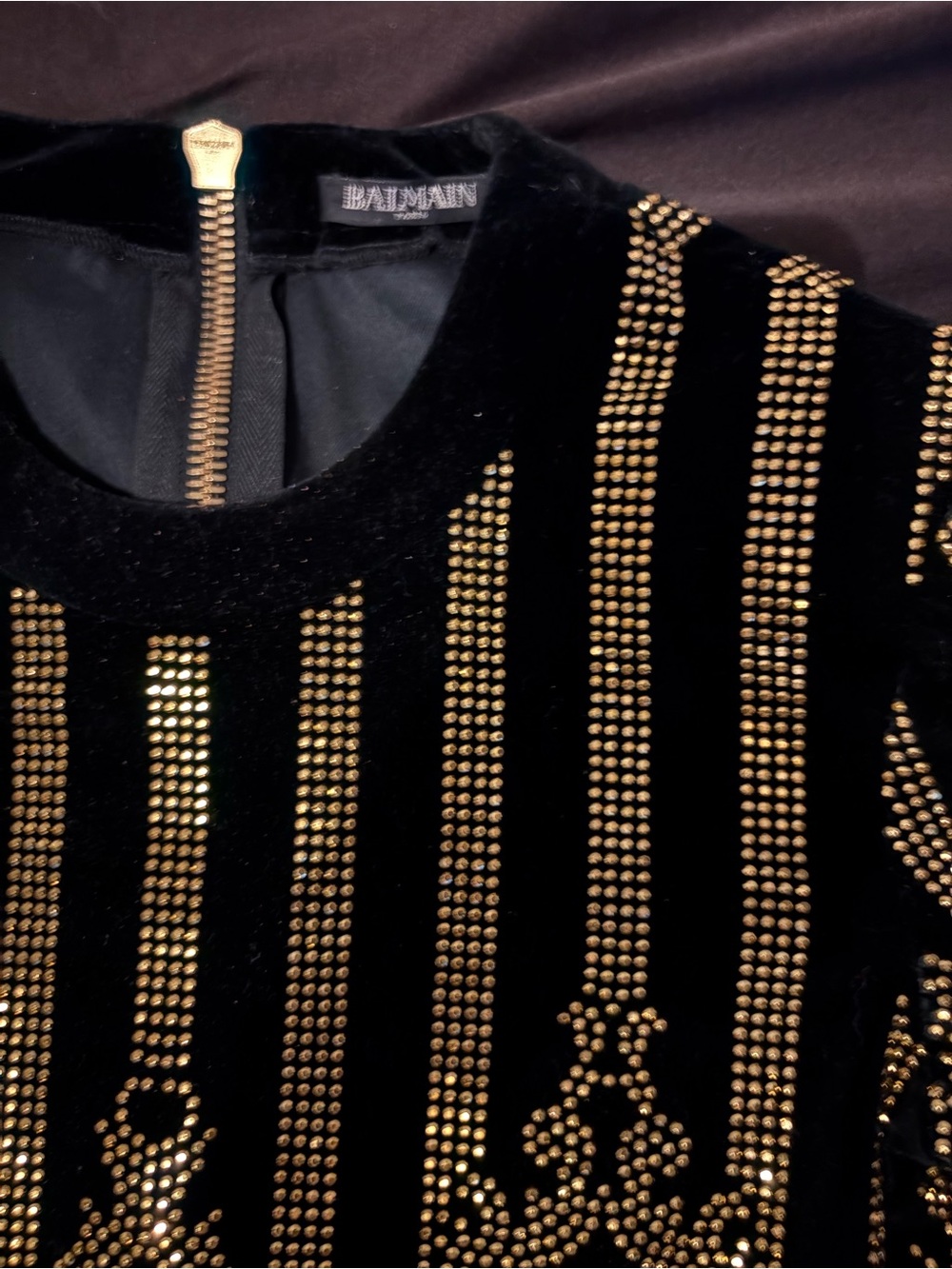 Balmain Black Velvet Long Sleeve Dress with Gold Stud Detailing
